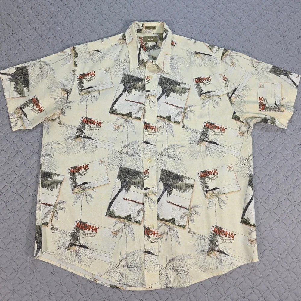 Natural Issue Mens Large Aloha Hawaiian Postcard Print Cotton Button Down Shirt